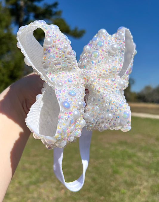 6” White Rhinestone/Pearl Mix Boujee Bow w/ Elastic Band