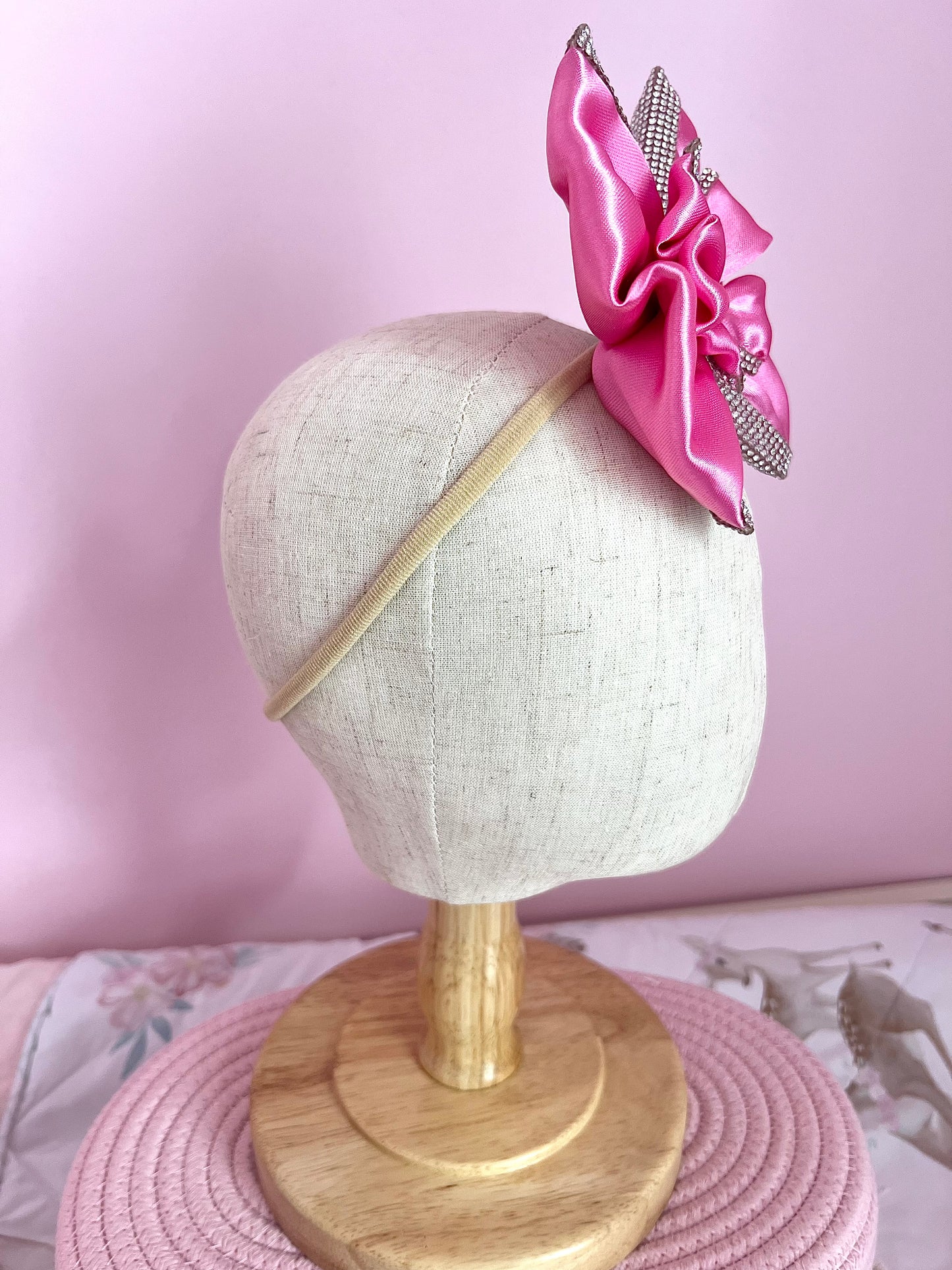 6” Pink/Silver Satin Stacked Boujee Bow w/ Nude Nylon Band