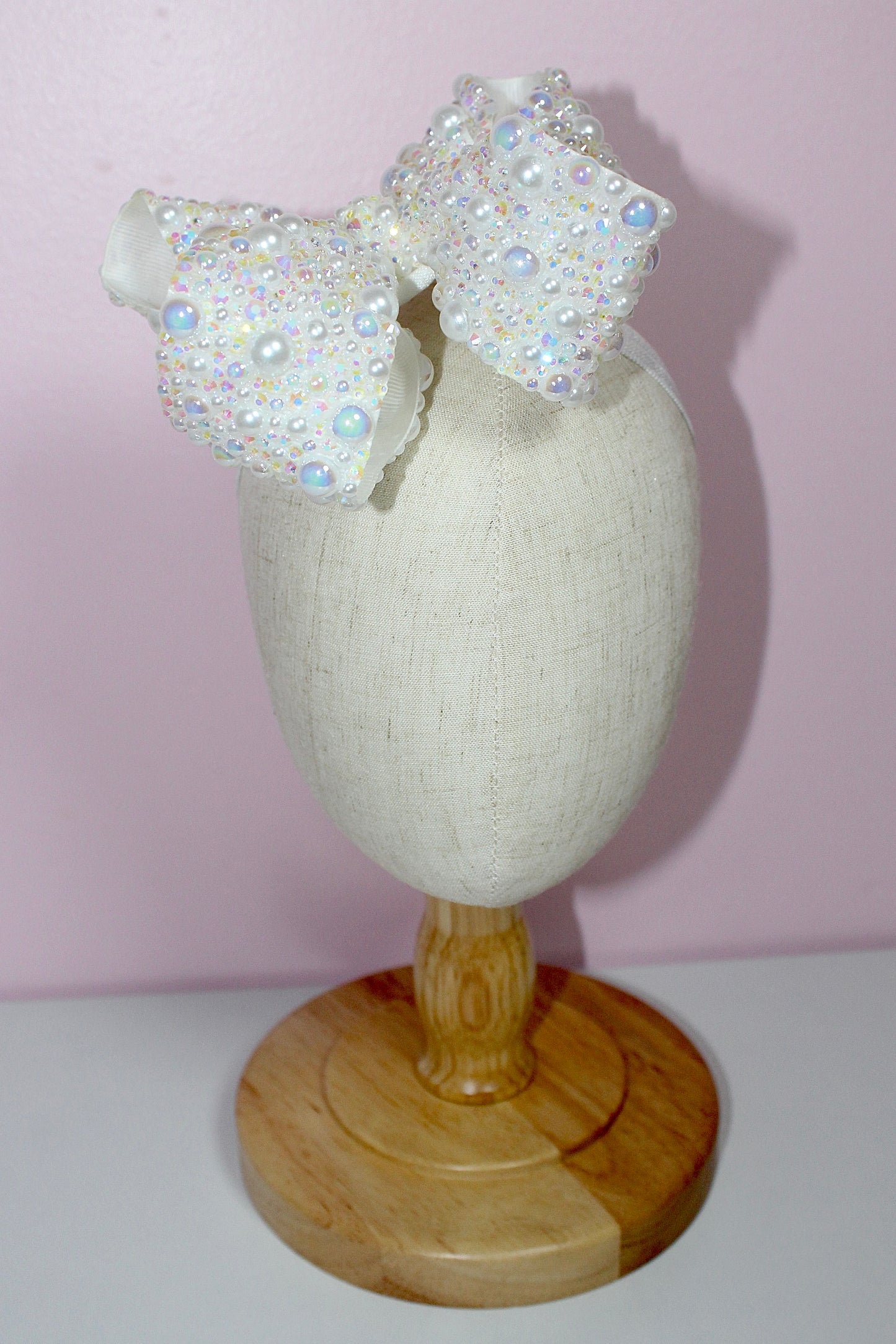6” White Rhinestone/Pearl Mix Boujee Bow w/ Elastic Band