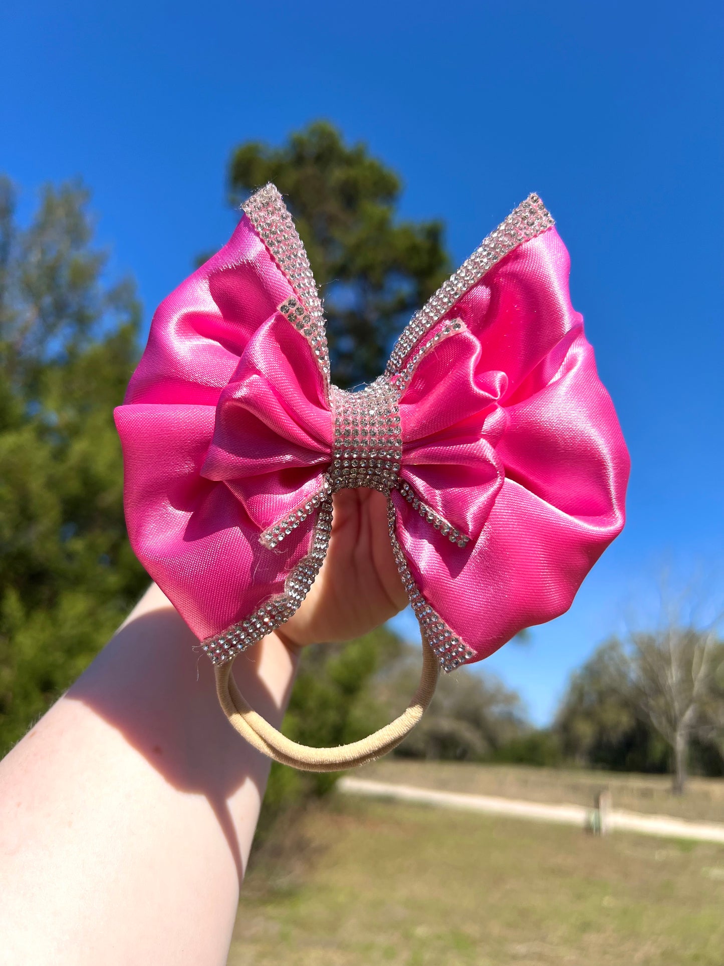6” Pink/Silver Satin Stacked Boujee Bow w/ Nude Nylon Band