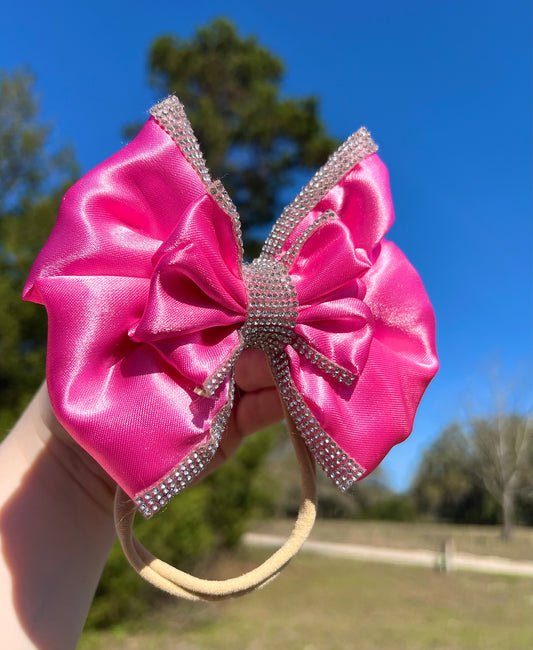 6” Pink/Silver Satin Stacked Boujee Bow w/ Nude Nylon Band