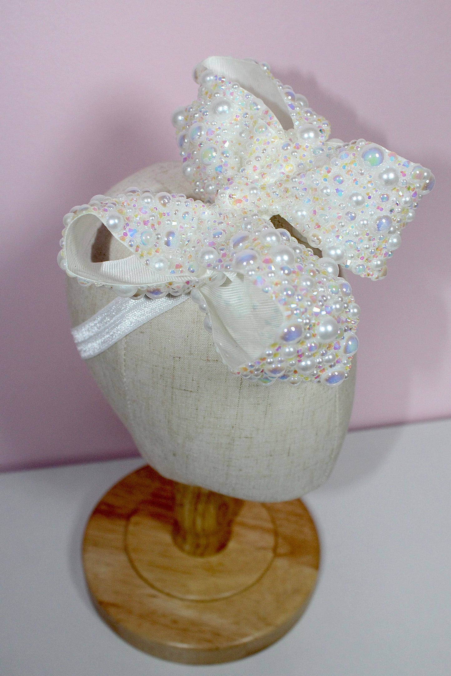 6” White Rhinestone/Pearl Mix Boujee Bow w/ Elastic Band
