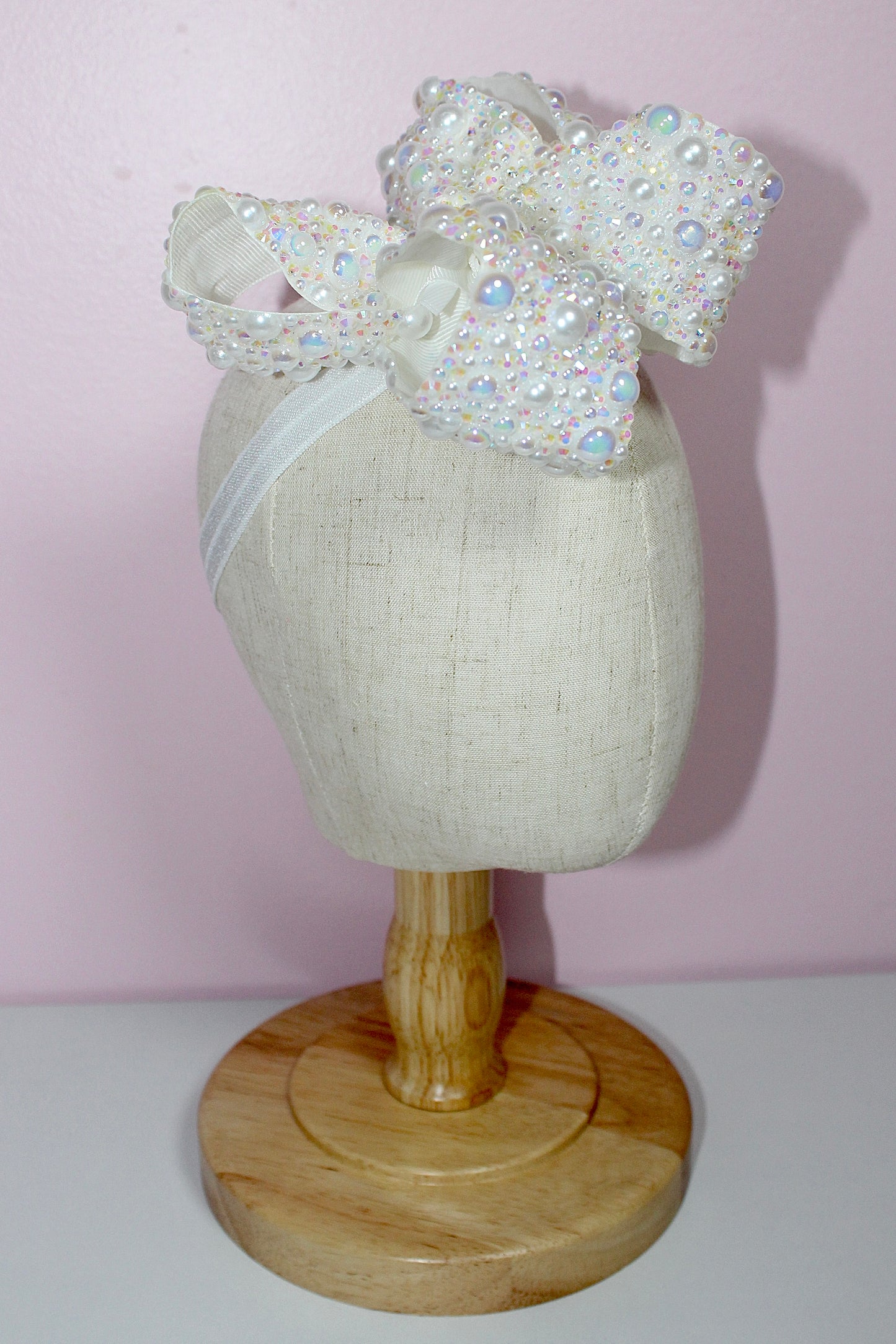 6” White Rhinestone/Pearl Mix Boujee Bow w/ Elastic Band