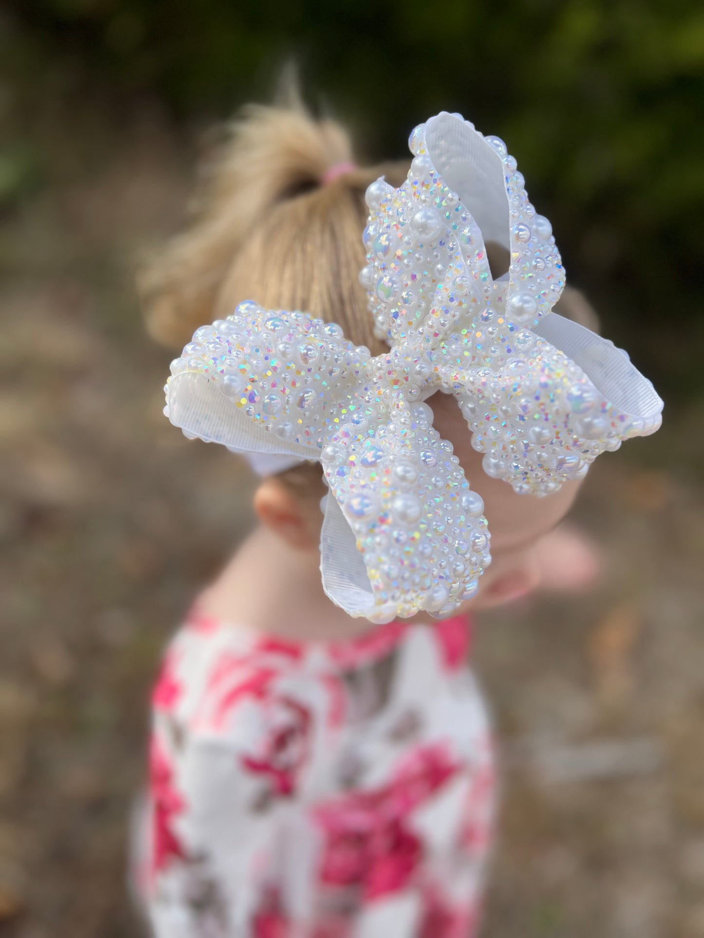 6” White Rhinestone/Pearl Mix Boujee Bow w/ Elastic Band