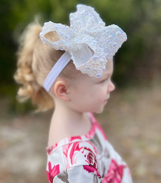 4” RHINESTONE/PEARL MIX BOUJEE BOW W/ELASTIC BAND