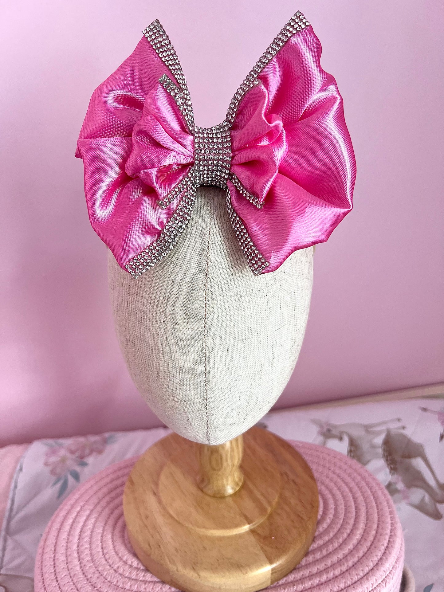 6” Pink/Silver Satin Stacked Boujee Bow w/ Nude Nylon Band