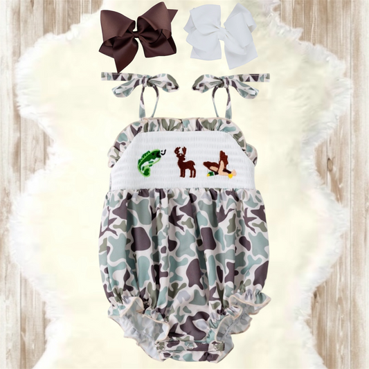 Muted Camo Smocked Girls Bubble