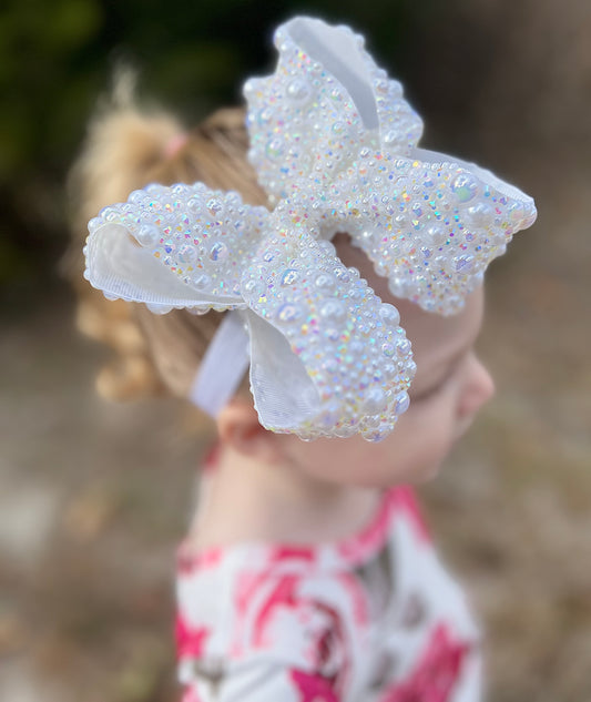 6” Rhinestone/Pearl Mix Boujee Bows w/ Elastic Band