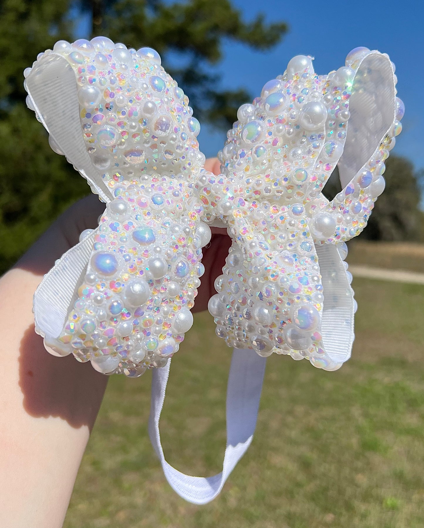 6” White Rhinestone/Pearl Mix Boujee Bow w/ Elastic Band