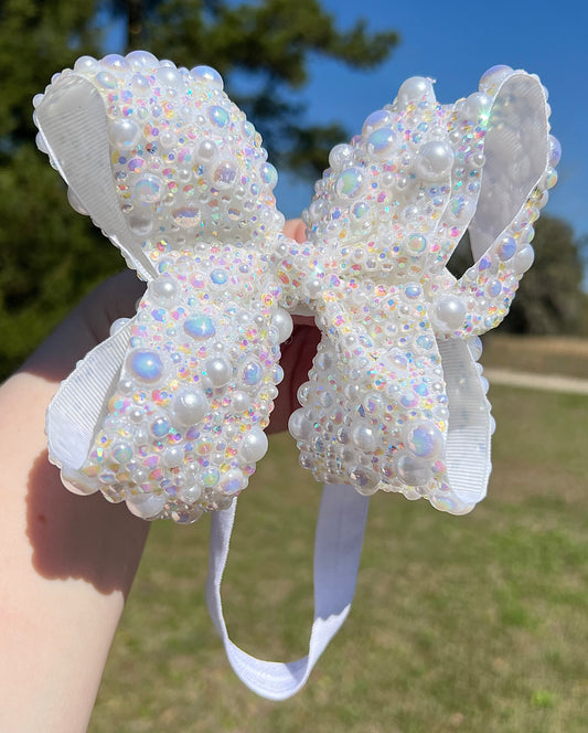 6” White Rhinestone/Pearl Mix Boujee Bow w/ Elastic Band