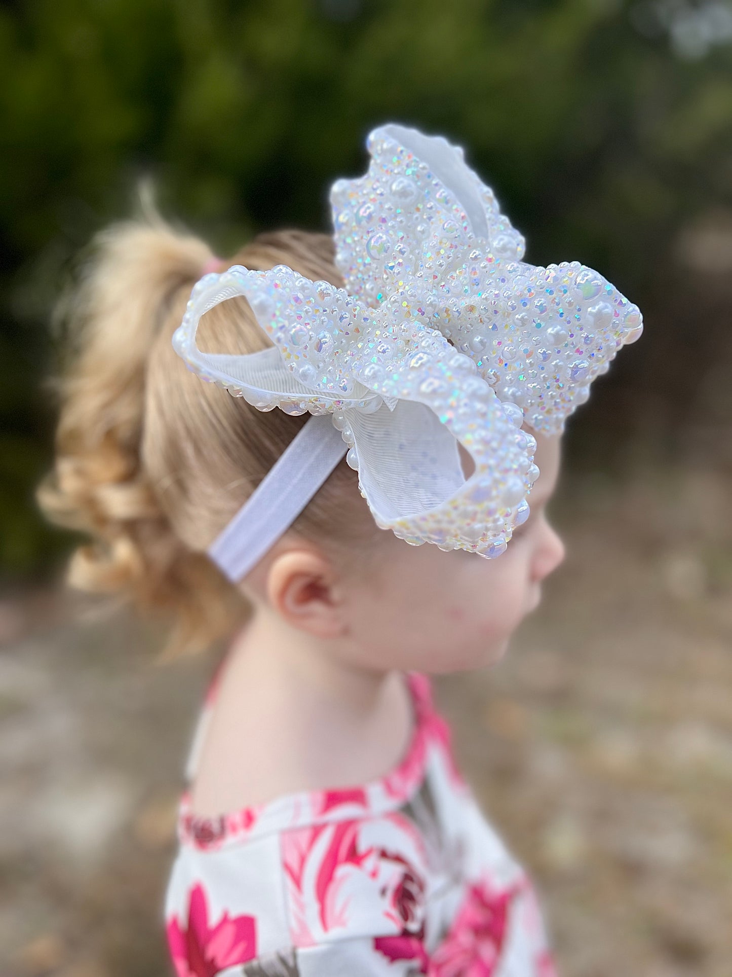 6” Rhinestone/Pearl Mix Boujee Bows w/ Elastic Band
